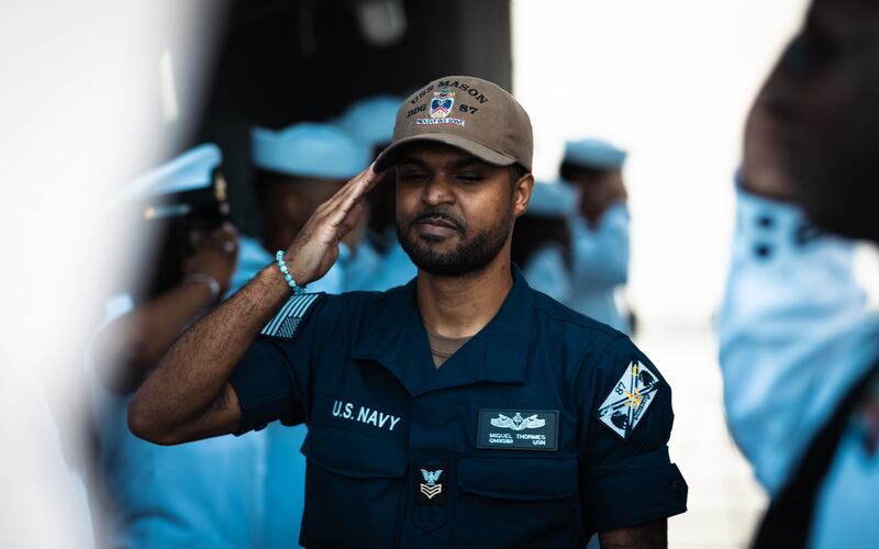 Crew of the USS Mason (DDG 87) getting ready to deploy on Friday.