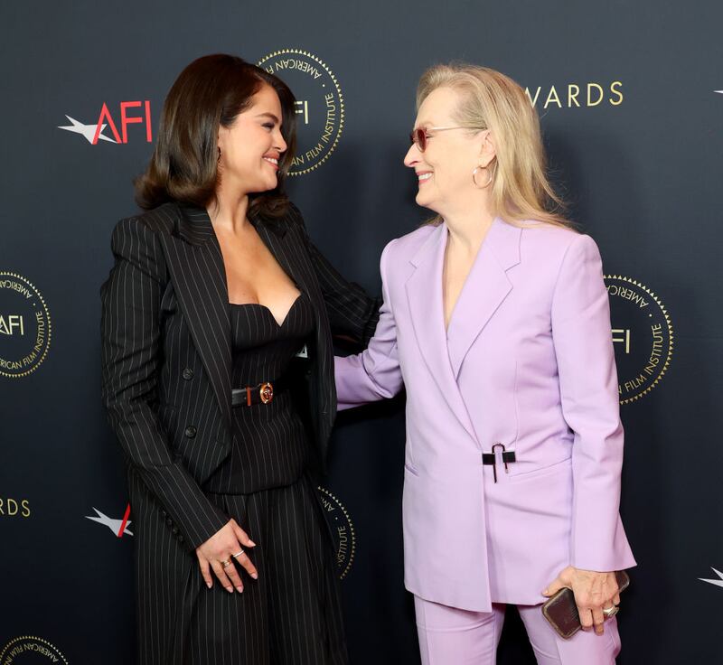 LOS ANGELES, CALIFORNIA - JANUARY 12: (L-R) Selena Gomez and Meryl Streep attend the AFI Awards Luncheon at Four Seasons Hotel Los Angeles at Beverly Hills on January 12, 2024 in Los Angeles, California. (Photo by Monica Schipper/Getty Images)