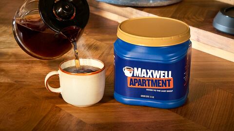 Maxwell Apartment coffee container, cup of coffee being poured.