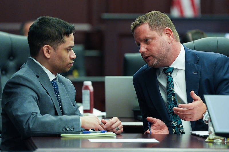 Defendant Mario Fernandez Saldana, left, talks with his Defense Attorney Jesse Dreicer, right, before the start of jury selection in his murder trial Monday morning, August 10, 2026 in the Duval County Courthouse in Jacksonville, Fla. [Doug Engle/Florida Times-Union]