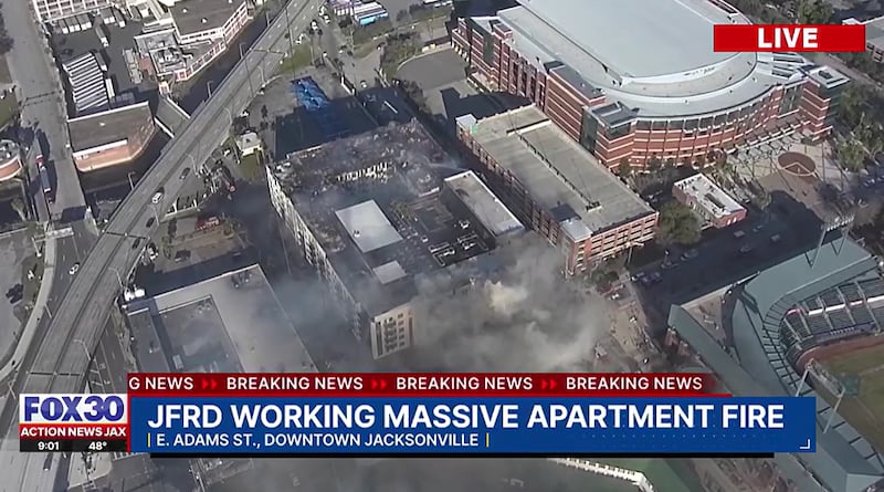 Jacksonville Fire and Rescue Department firefighters have been fighting a fire at the still-under-construction Rise Doro apartments in Downtown Jacksonville since Sunday night.