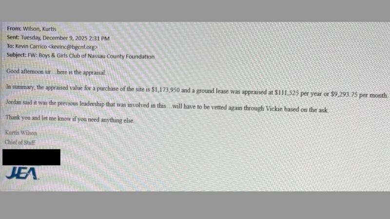 The email shows former JEA Chief of Staff Kurt Wilson sent Carrico a land appraisal in December 2025 tied to property on William Burgess Boulevard near Yulee Middle and High Schools in Nassau County.