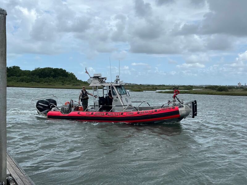 SJCFR Watercraft 9 found two boaters around 200 yards from their vessel after it began taking on water and sinking.