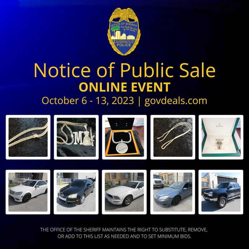 The JSO forfeiture auction is taking place from Oct. 6 until Oct. 13.