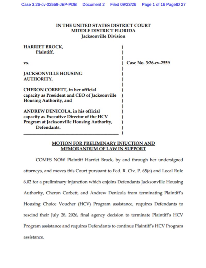 Harriet Brock lawsuit against Jacksonville Housing Authority