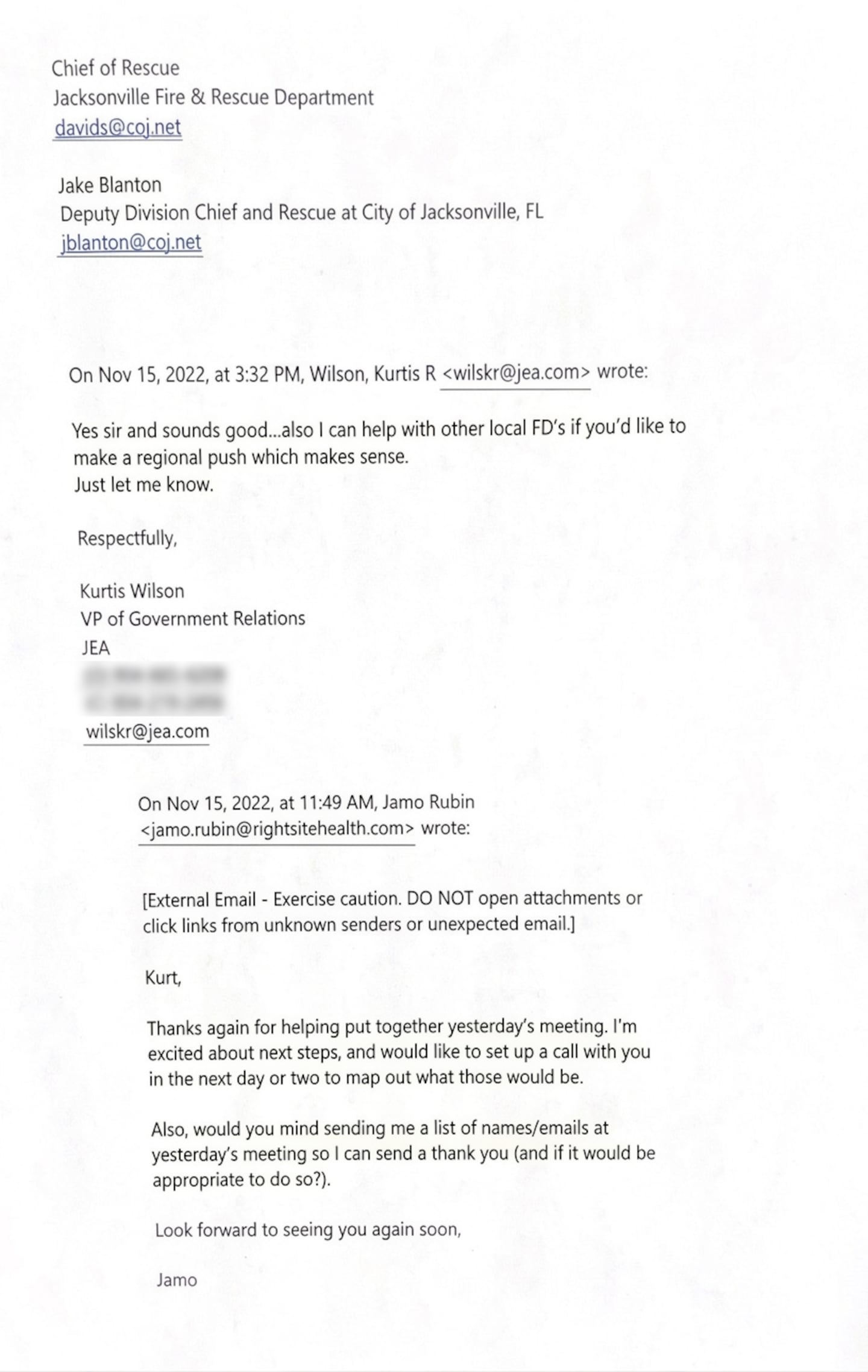 Emails show that in October 2022, at Stein’s request, Wilson arranged a meeting between former Fire Chief Keith Powers and RightSite Health CEO Jamo Rubin to discuss the company.