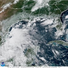 This satellite image provided by the National Oceanic and Atmospheric Administration (NOAA) shows Tropical Storm Barry, Sunday, June 29, 2025. (NOAA via AP)