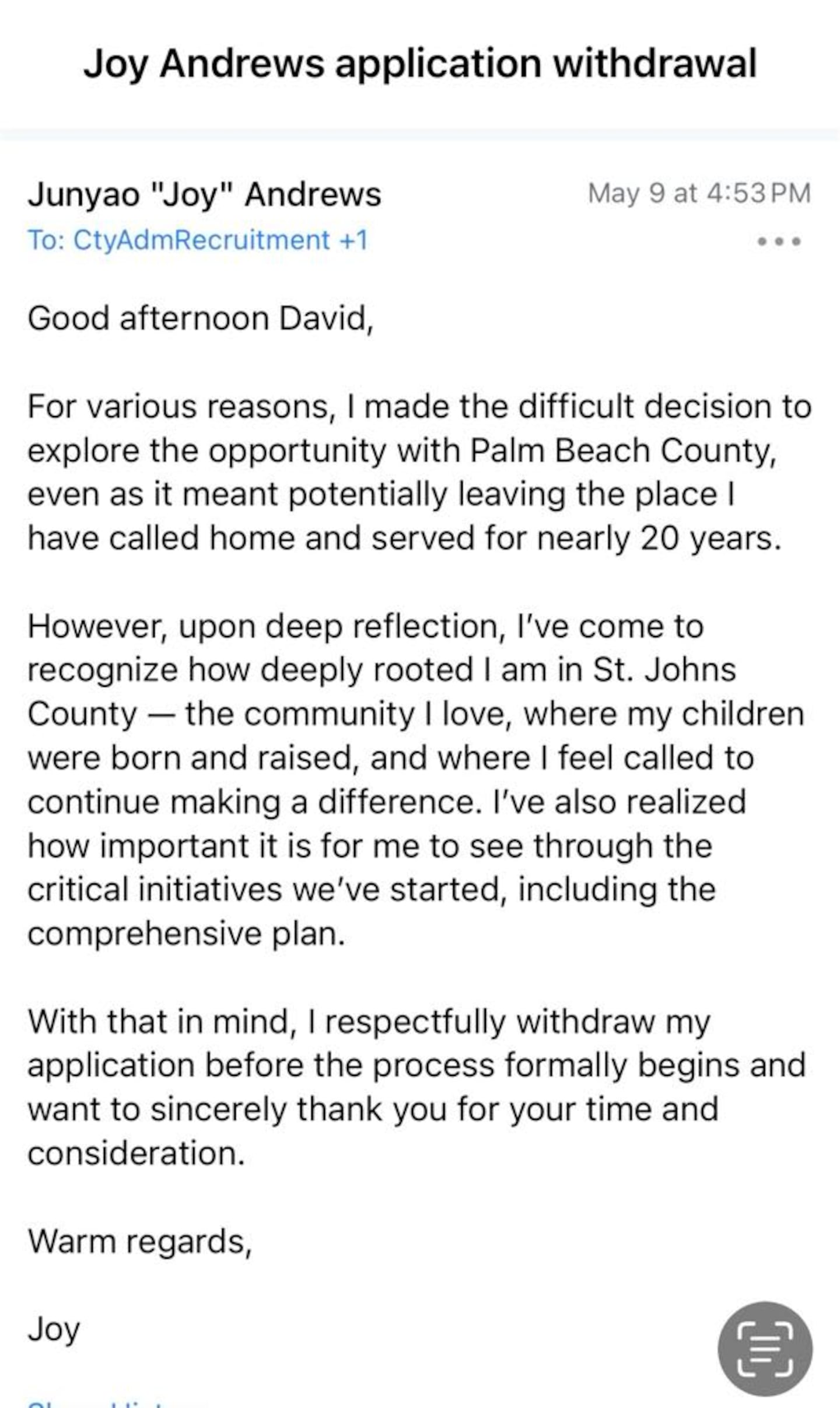 Joy Andrews application withdrawal