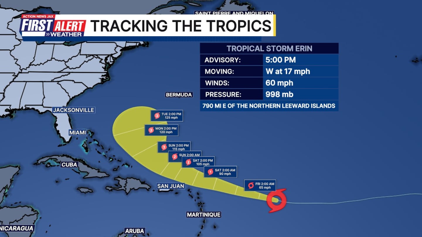 Tropical Storm Erin 5 p.m. track, 8/14/25