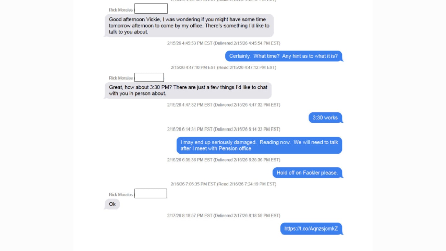 Text message exchange between Cavey and Morales