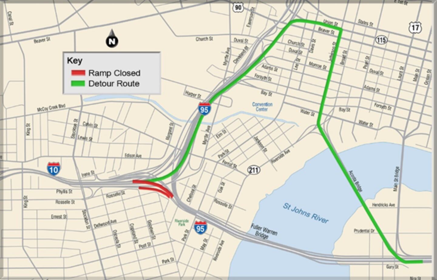 Drivers on I-10 east who wish to access I-95 south will detour north to the Union Street exit.