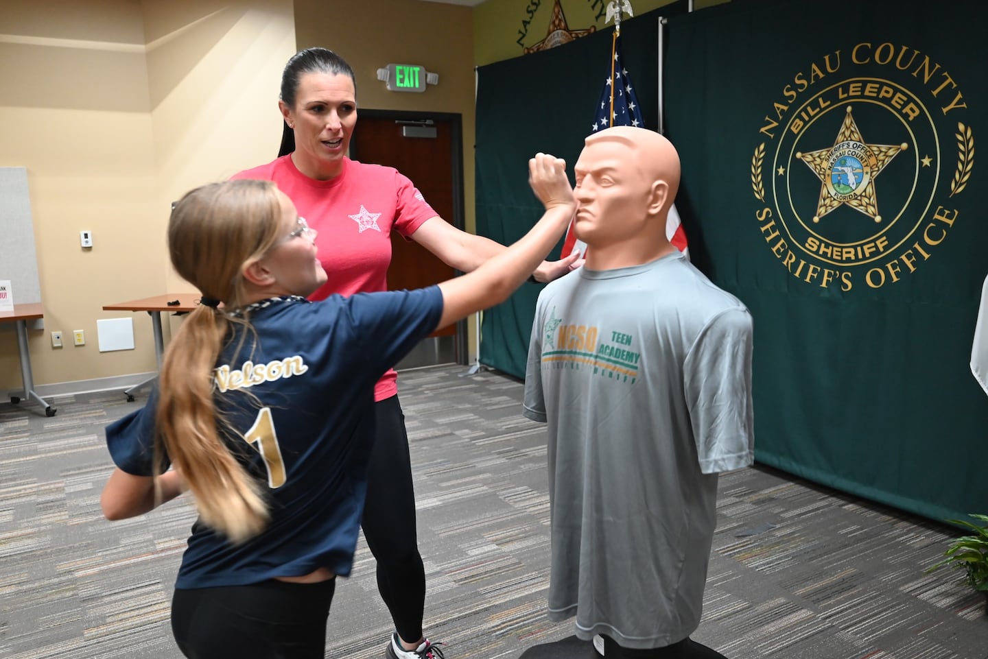 Reunited friends during a self-defense class taught by Deputy Smith.
