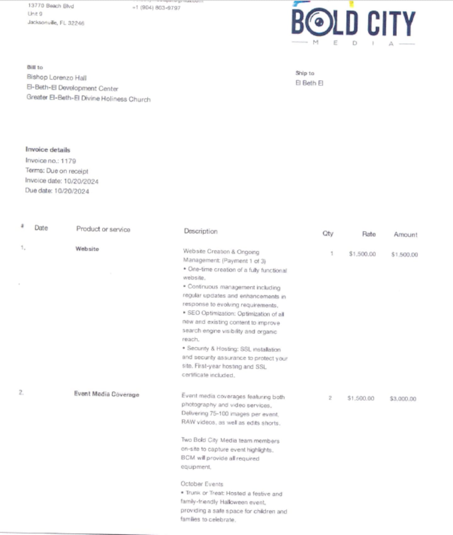 Bold City Media invoice 2