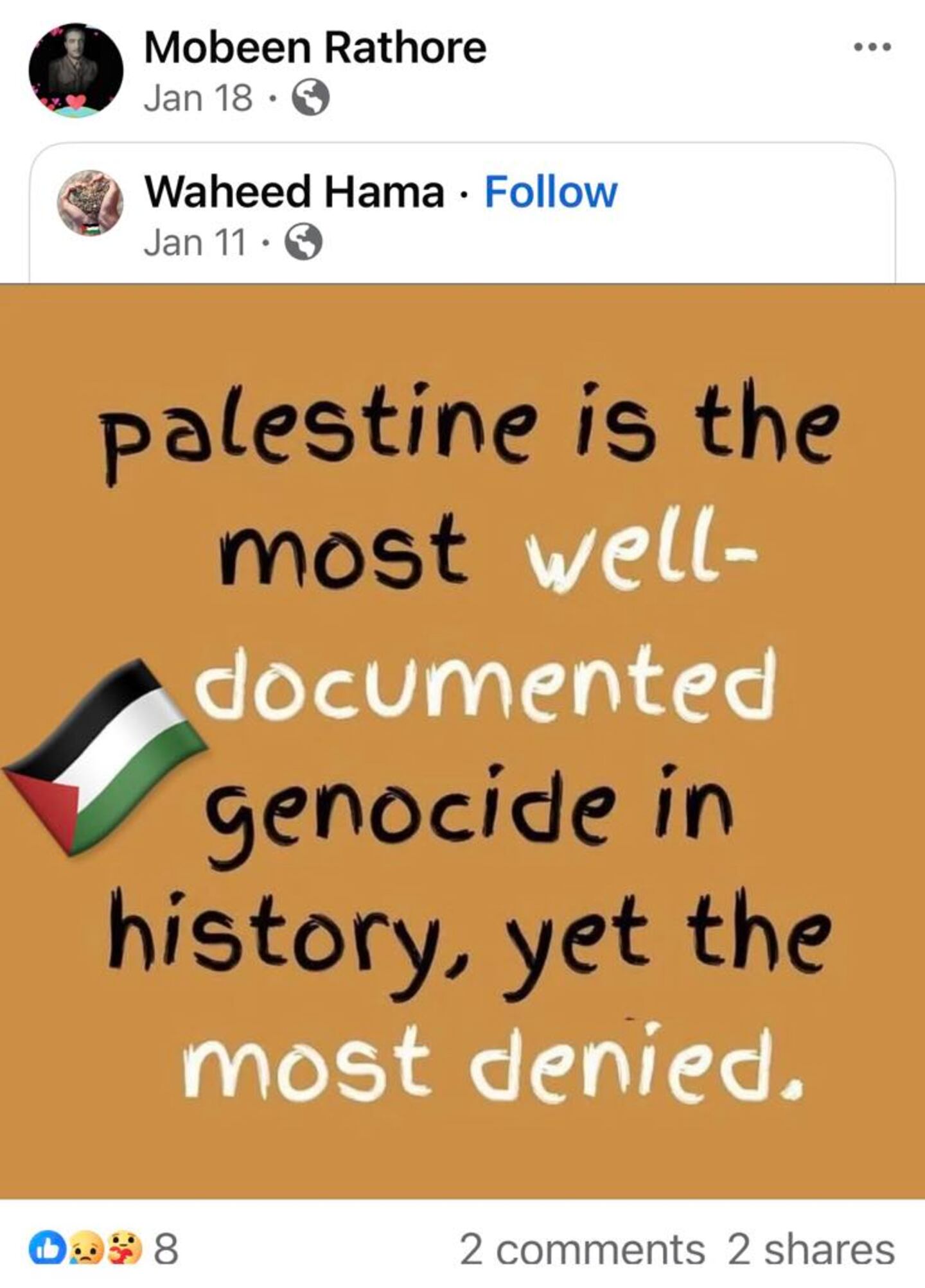 Rathore shared a post saying "Palestine is the most well-documented genocide in history, yet the most denied."