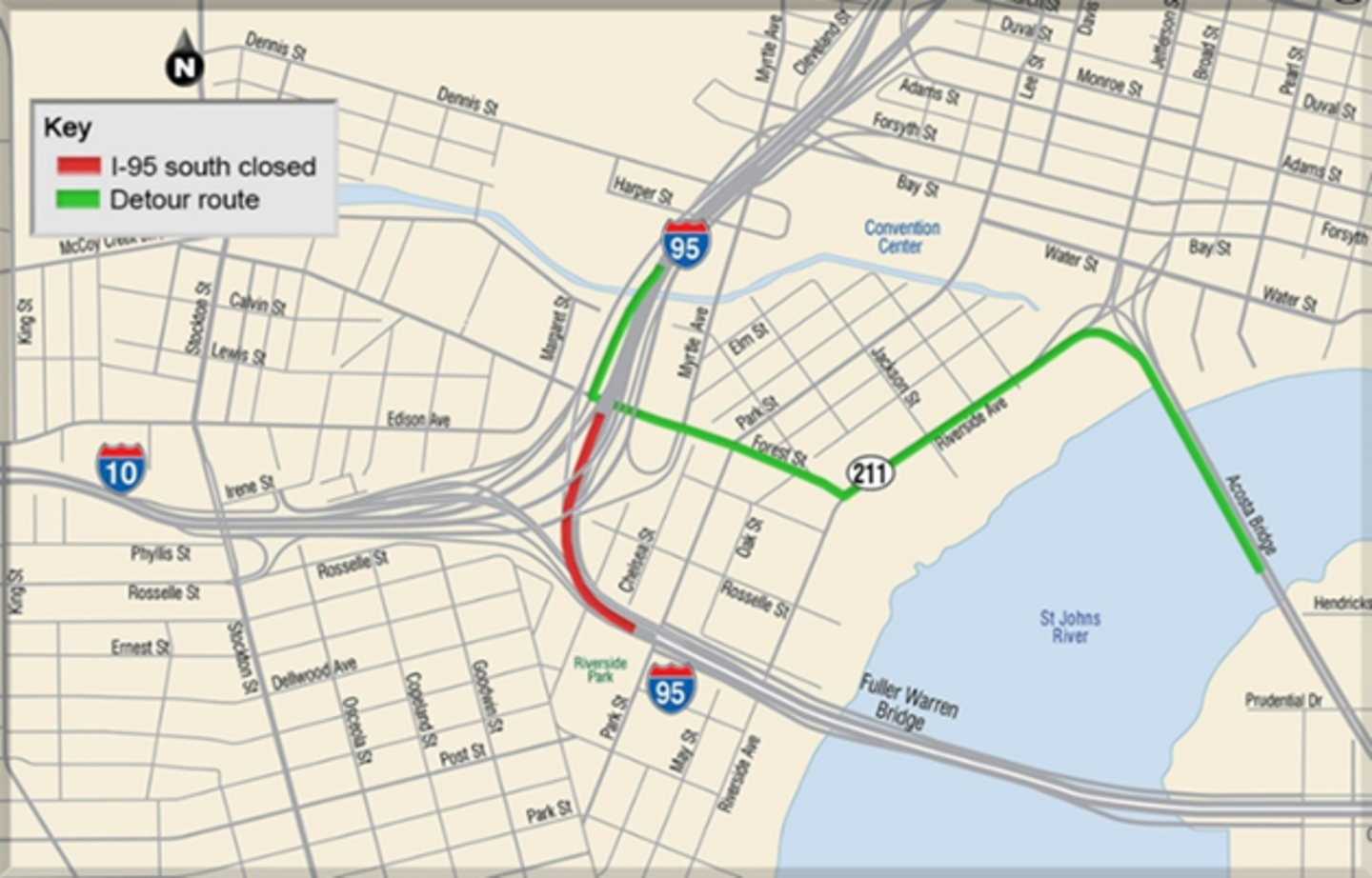 Drivers on I-95 south approaching the Fuller Warren Bridge will detour to the Forest Street exit.