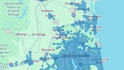 Map of Jacksonville and surrounding area. Each dot represents an available hotspot to connect with.
