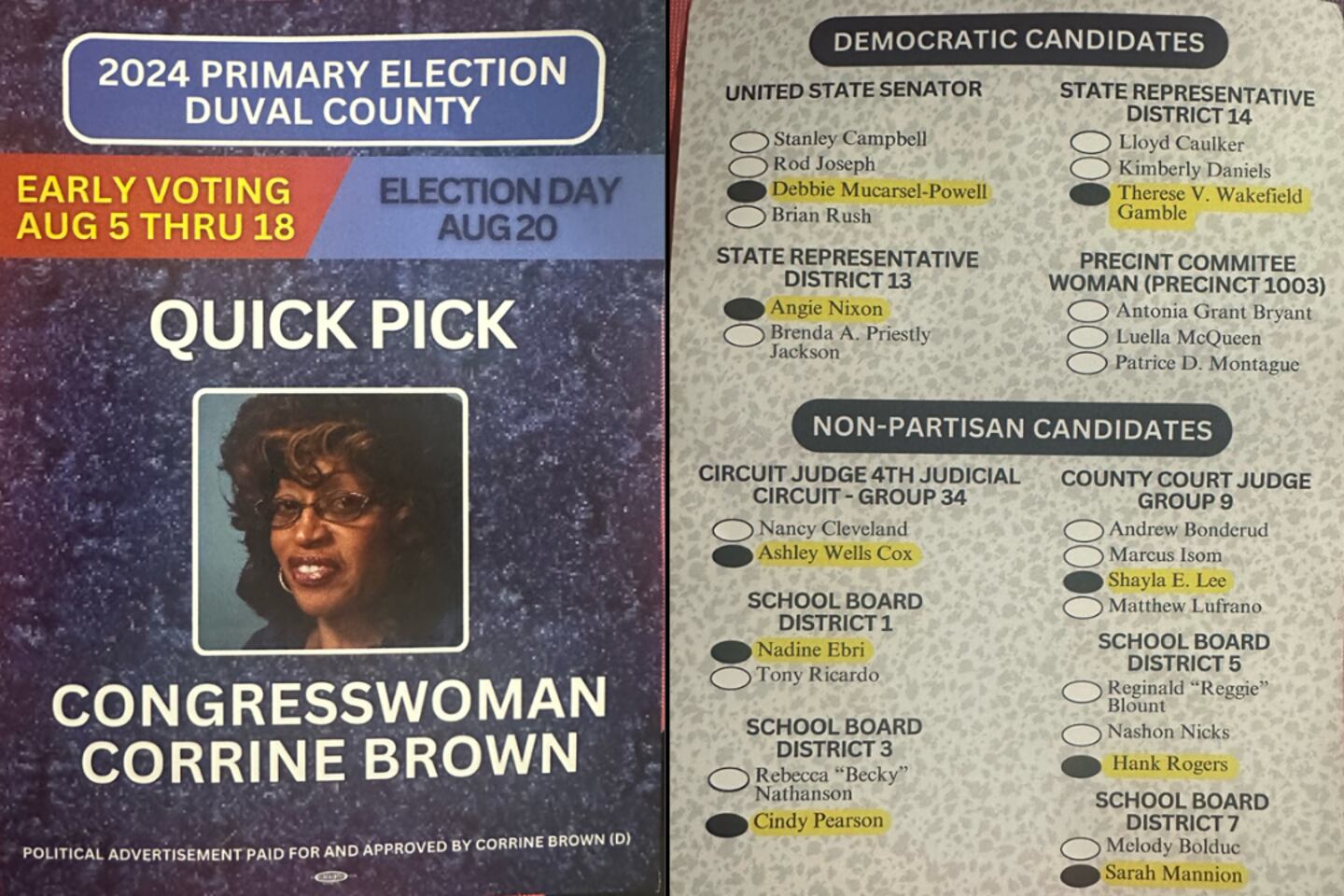 Falsified copy of Corrine Brown's 2024 Primary Election Quick Picks.