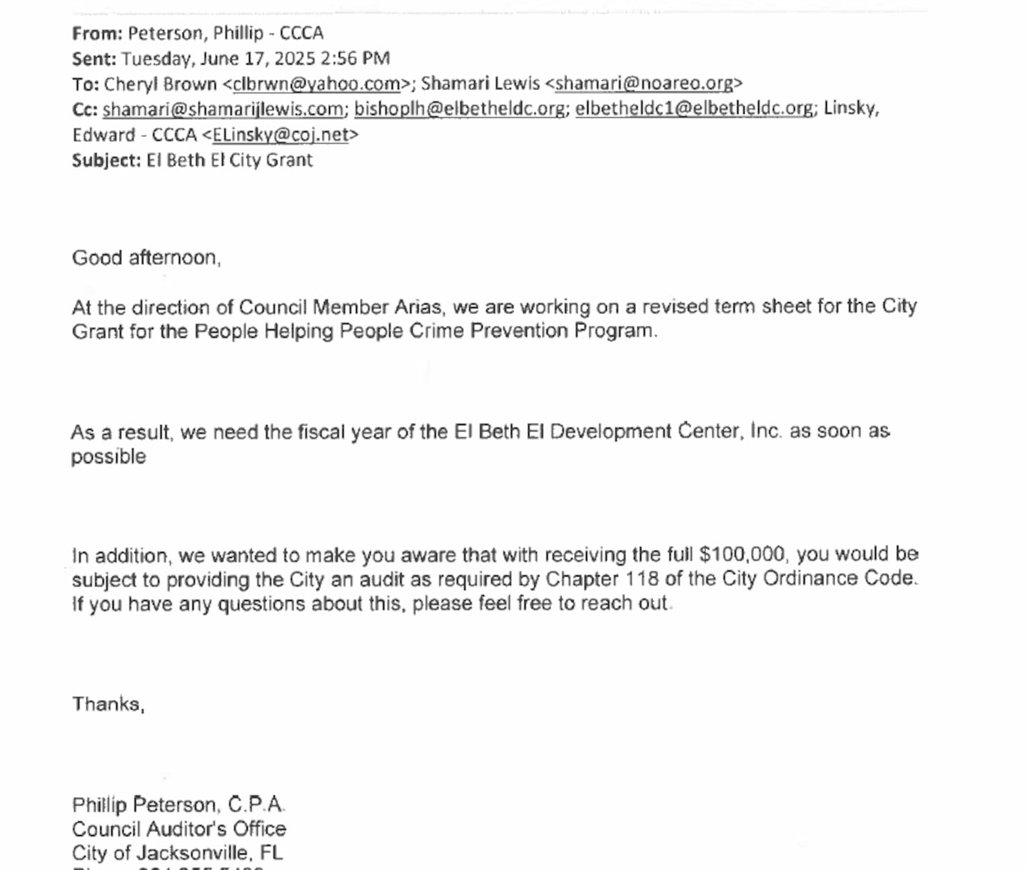 Email- El Beth El City Grant